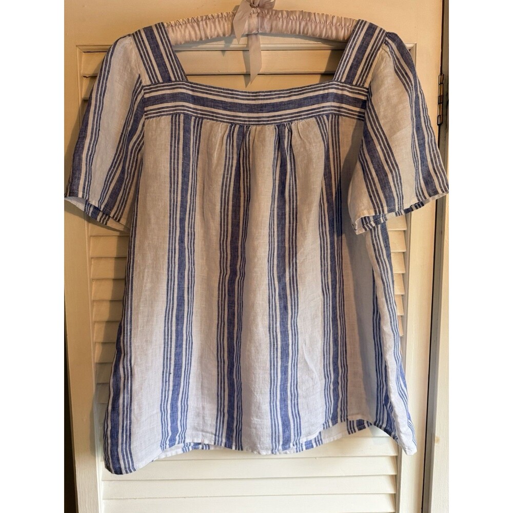 NWT Talbots Women’s 100% Linen Short Sleeve Blue And White Striped Blouse Size L - Picture 6 of 6